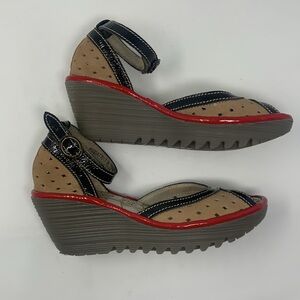 RARE FLY London YDEL ankle strap wedge pump leather sandal heels size 6